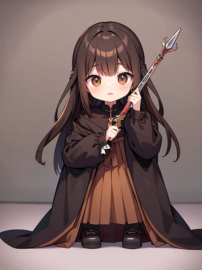 Full-body portrait、Holding a black sword、True Face、woman、、Brown Hair、Long Hair、Mischievous、Brown based dress