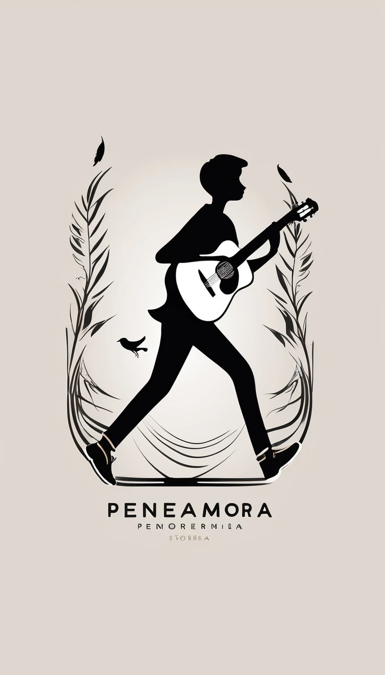 Create a modern, minimalistic logo design for a brand called " Penamemoria". The logo of a boy is running with open arms, holding an acoustic guitar in the right hand and a bird feather in the left hand. Minimalistic logo design impressed on a book cover
