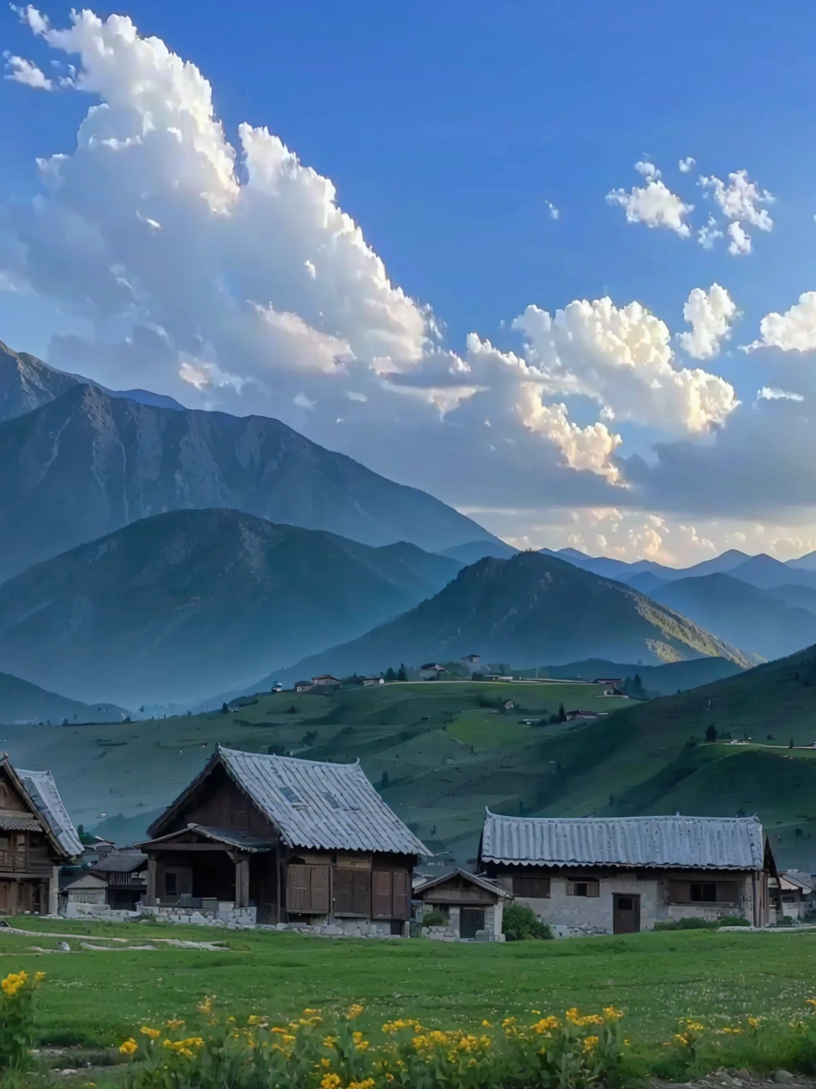 Mountains in the distance，There are several houses in the foreground, villages at background, village, Mountains in the background, 8K)), In the valley, Mountains in the background, Mountains in the background, very scenery is beautiful, 背景中的village庄, scenery is beautiful, Alexander Runciman, Valle encantador, 4 0 9 6, In the mountains