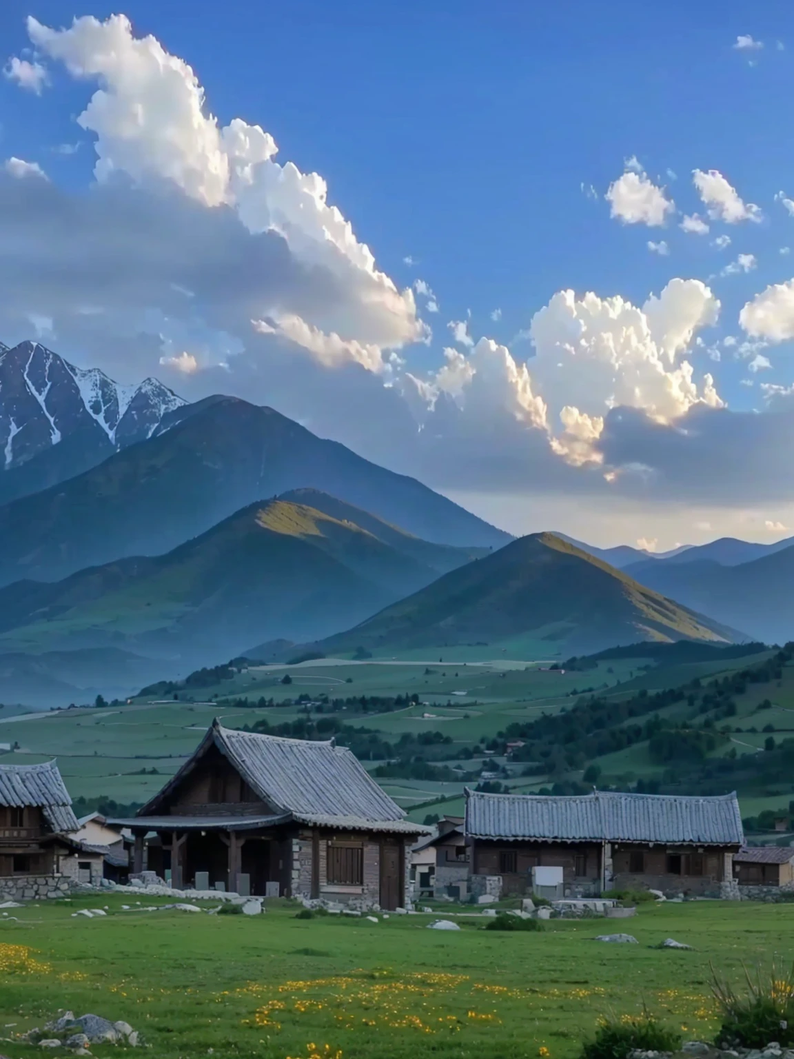 Mountains in the distance，There are several houses in the foreground, villages at background, village, Mountains in the background, 8K)), In the valley, Mountains in the background, Mountains in the background, very scenery is beautiful, 背景中的village庄, scenery is beautiful, Alexander Runciman, Valle encantador, 4 0 9 6, In the mountains