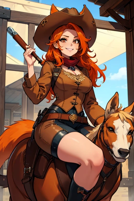 Perfect face, perfect hands. An orange haired female cowgirl with copper eyes with an hourglass figure with orange fox ears and an orange fox tail in a conservative cowgirl outfit is riding a horse out of a wild west town with a big smile