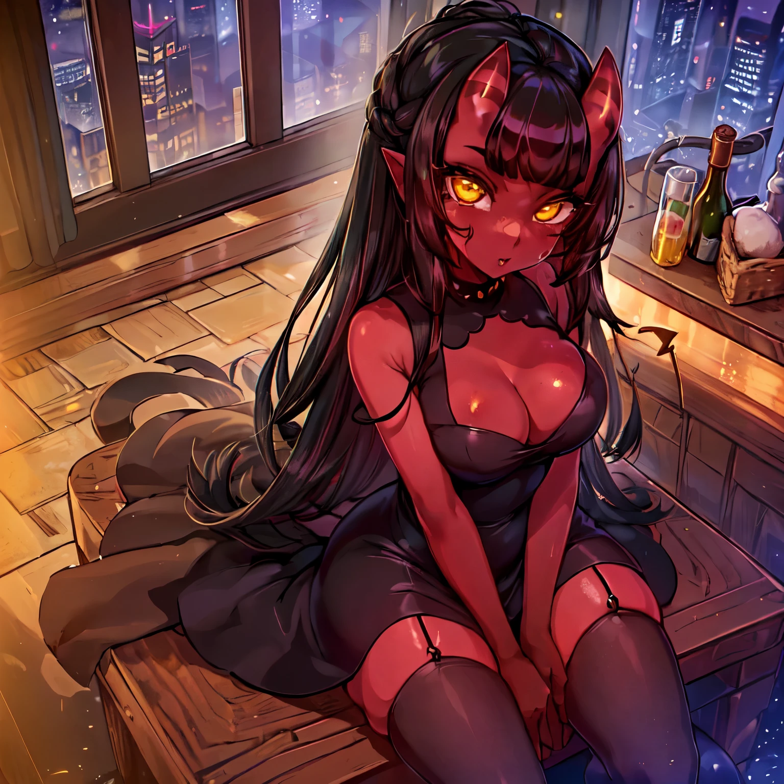 1girl, Goth girl, nude, black lips, glowing red eyes, full body 