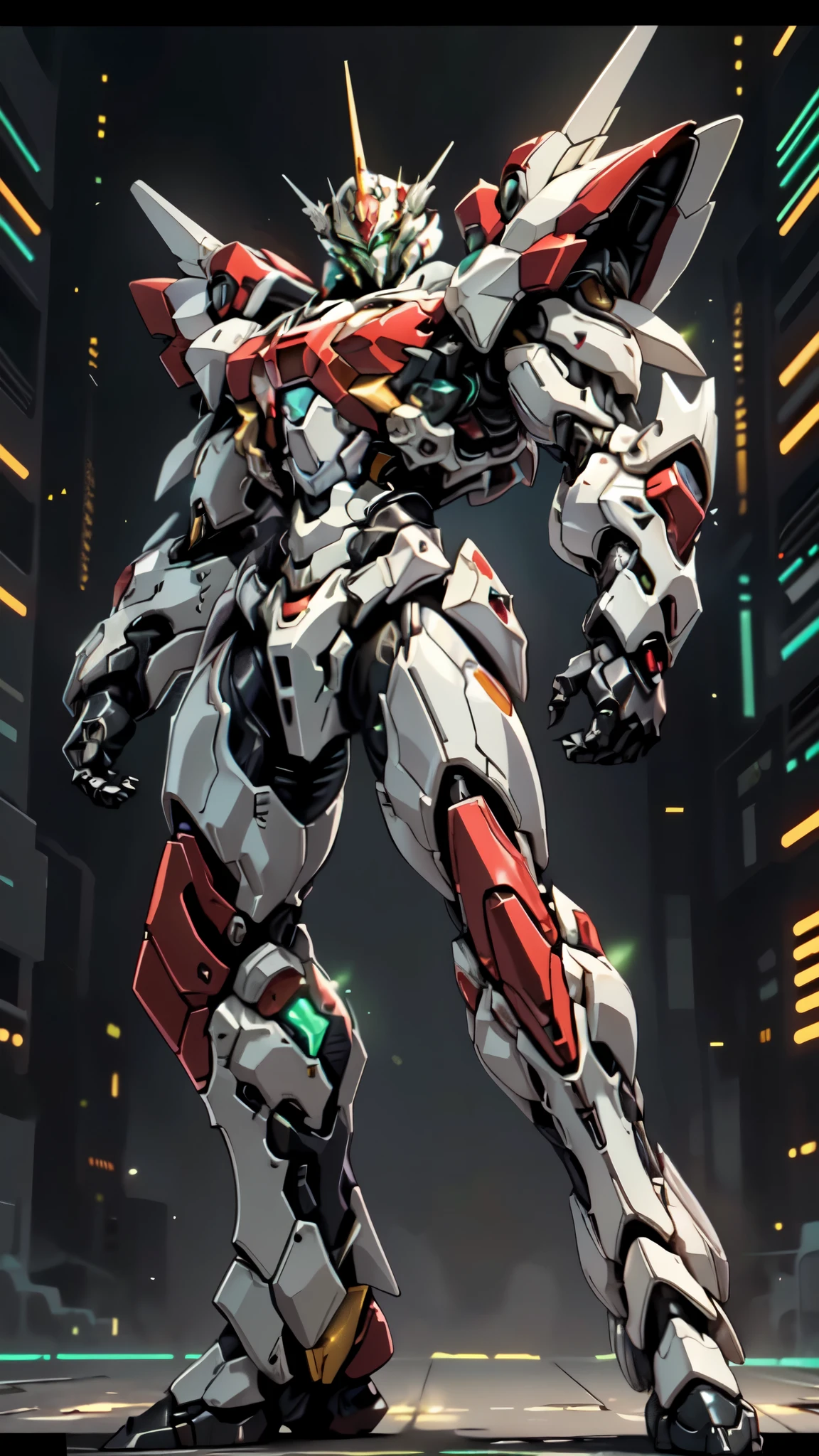 (masterpiece:1.5, best quality:1.5, extremely delicate:1.5, foreshortening:1.5, dynamic angle:1.5), a man wearing a full-face helmet, a fantasy-style biotech armored combat suit, green eyes, (a composite layered chest armor), fully enclosed shoulder guards, matching arm and leg guards, belt of Neon circuit, (the color scheme is primarily white with red green accents), the design balances heavy with agility, a high-tech bio-mecha armor, (Armor Concept Inspired by neon Cyberpunk, stand on the top of a skyscraper in a futuristic sci-fi city), this character embodies a finely crafted fantasy-surreal style armored hero in anime style, exquisite and mature manga art style, (element, plasma, energy, the armor glows), ((male:1.5)), metallic, high definition, highres, ultra-detailed, ultra-fine painting, professional, perfect body proportions, golden ratio, anatomically correct, symmetrical face, extremely detailed eyes and face, high quality eyes, creativity, RAW photo, UHD, 32k, Natural light, cinematic lighting, masterpiece-anatomy-perfect