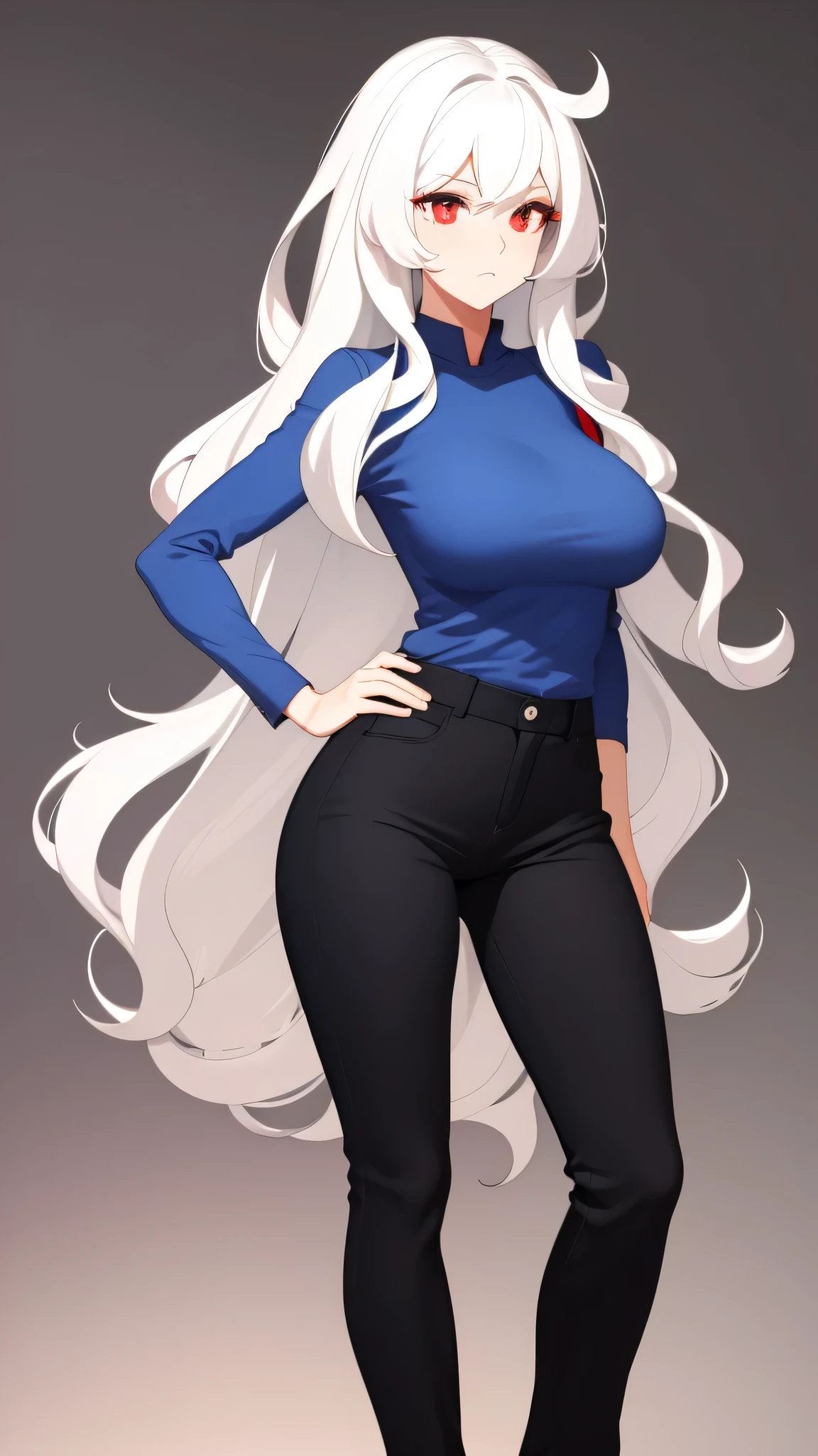Beautiful Woman, Wavy White Hair, Big Red Eyes, Small Nose, Medium Breasts, Blue Shirt, Black Pants, Looking Foward, Standing Pose, Neutral Face Expression, Hot