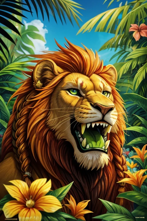 Male lion roaring in the middle of a tropical jungle with foliage and many colorful flowers around, showing his green tongue and sharp teeth and with braids in his orange mane and warm yellowish coat, and green eyes, music album cover style