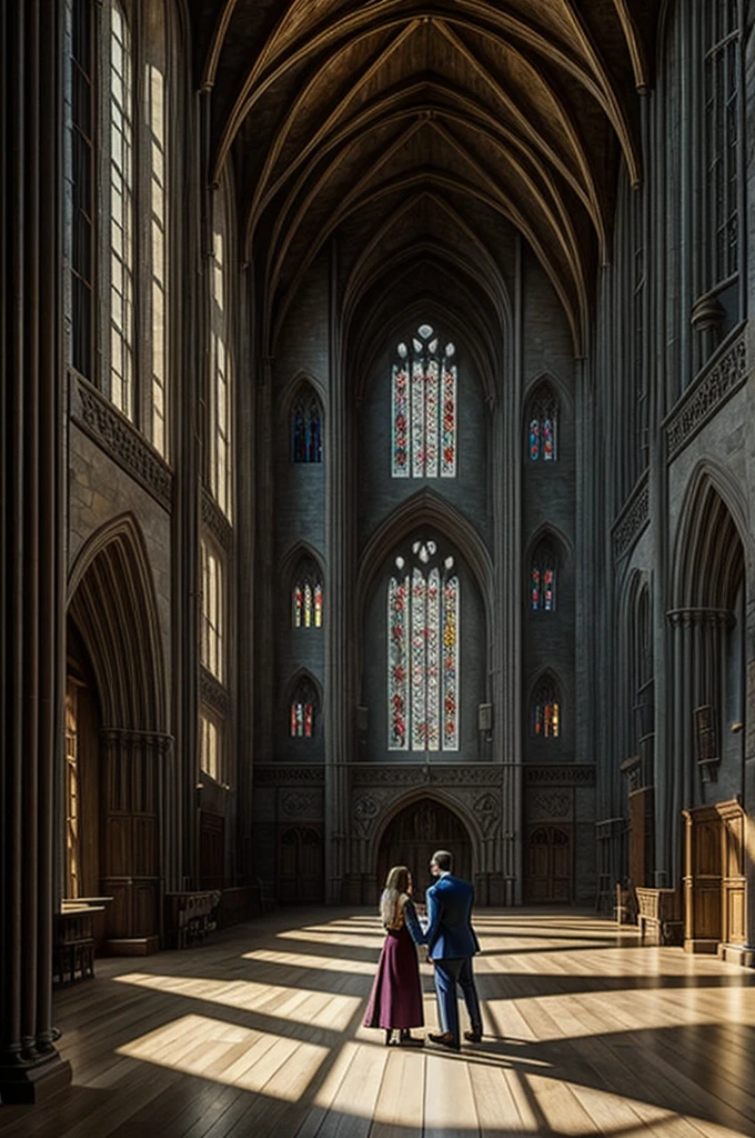 A drawing of two people in the Great Hall at Hogwarts, with wizards' robes, Wands, floating gummies, a bouquet of tulips, a flying racing car, the Narnia bluff in a corner, the Hogwarts crest and a Patronus floating in the air