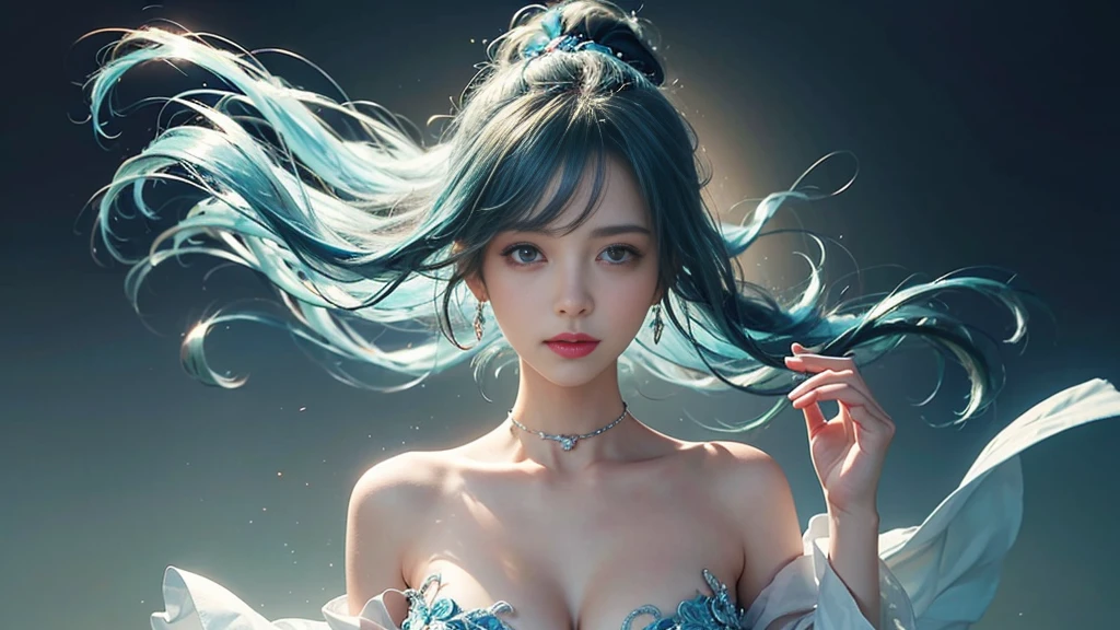 (masterpiece), (Highest quality), (Very detailed), (Disheveled Hair), (shape), (One Girl), (Fashionable clothes), Are standing, Fashion Model, Beholder, (interview), (Simple Background), Beautiful and beautiful eyes, Delicate and beautiful face, floating, (High chroma), (Colorful Splash), Colorful bubbles, (Shine), Focus on the face, ponytail, Light blue hair, bangs, Hair Ring, floating Flowers, floating Hairs, (The Shining), Best lighting, Best Shadow, Big, firm, swaying breasts