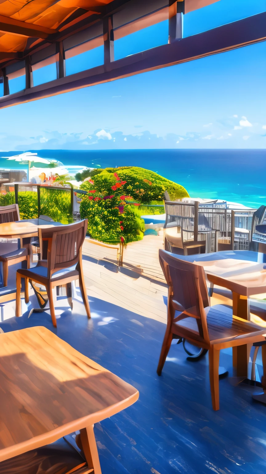 No people, ultra-high resolution, 8K, 16K, HD, Cafe with an ocean view, Shops with ocean views, Open Cafe,