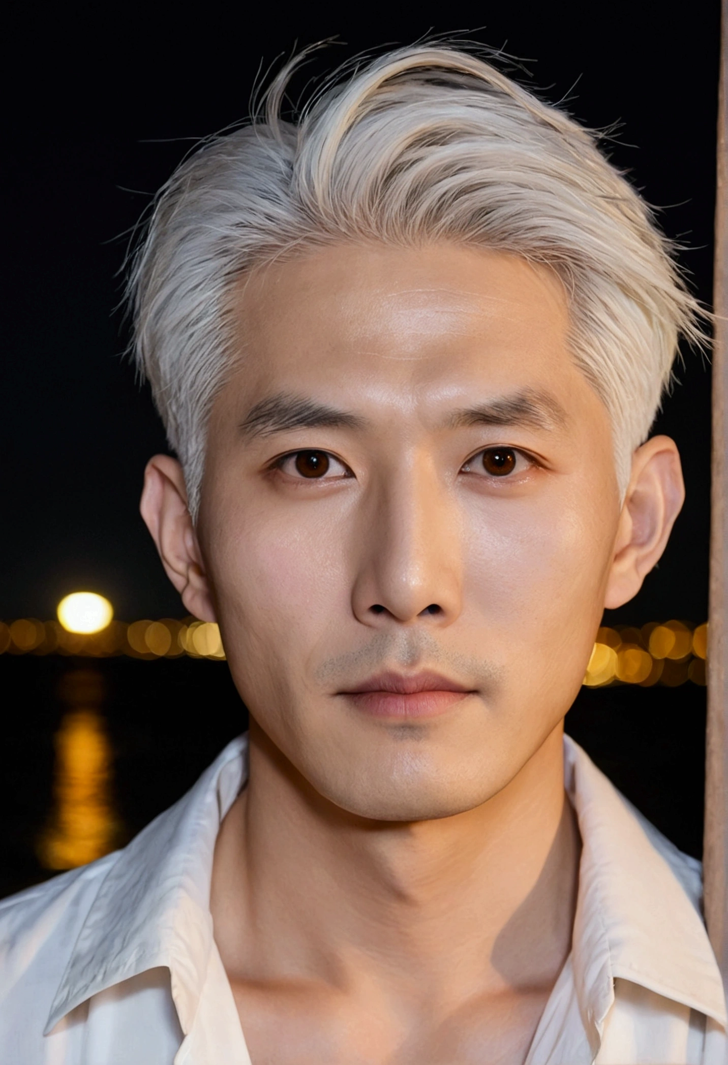 White-haired Japanese man on the beach at night、Delicate brown eyes、Two-block short cut with delicate, neat white hair