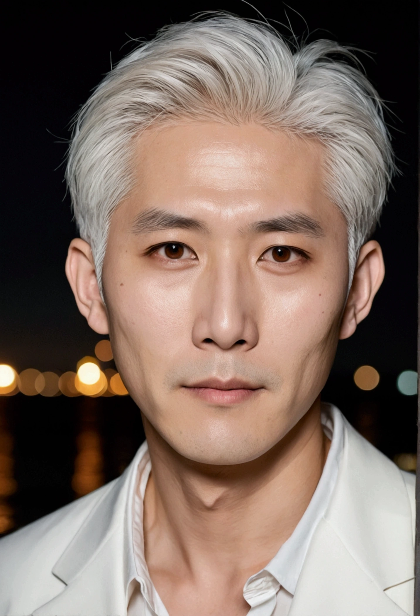 White-haired Japanese man on the beach at night、Delicate brown eyes、Two-block short cut with delicate, neat white hair