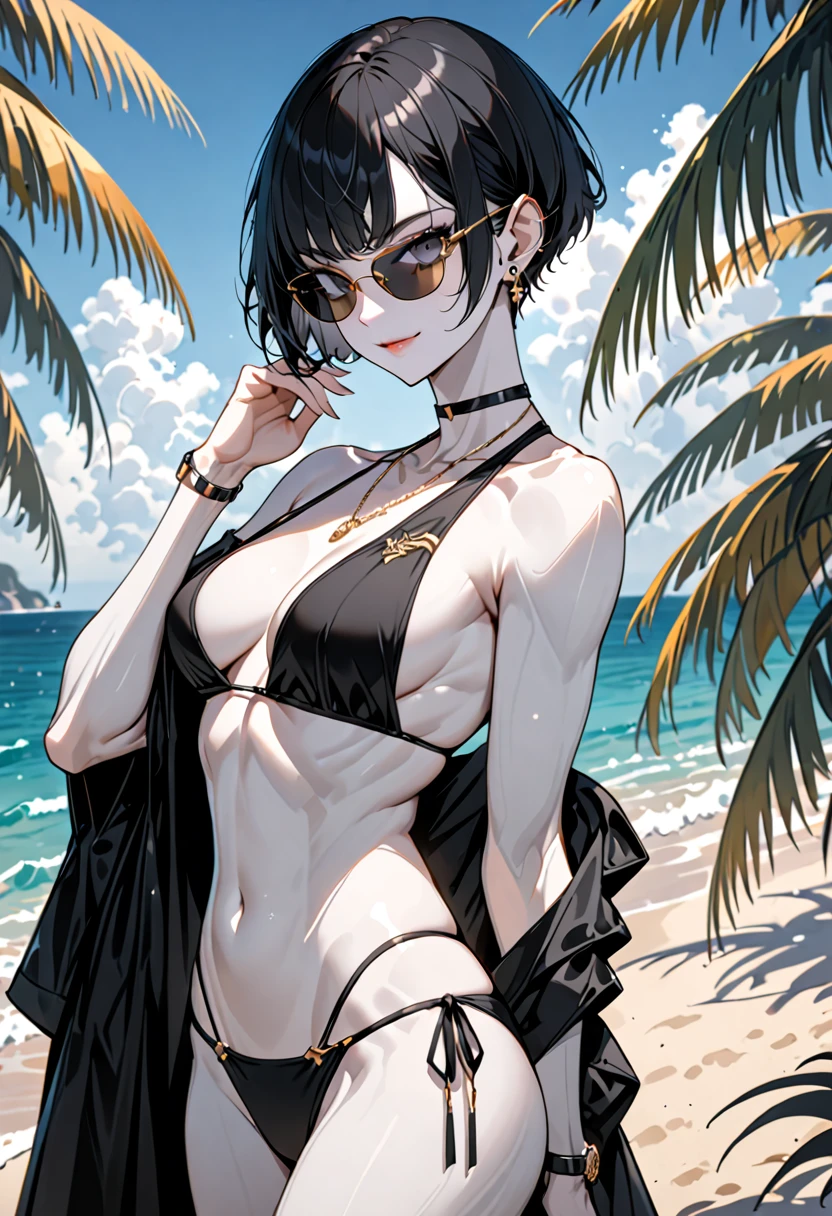 solo, female, tall, elegant, sunglasses, bodyguard, broad shoulders, pixie cut, black hair, pale skin, athletic, very tall, sober bikini, black clothes, small smile, medium shot, luxurious beach, classy, professional, earpiece, muscular, cute pose