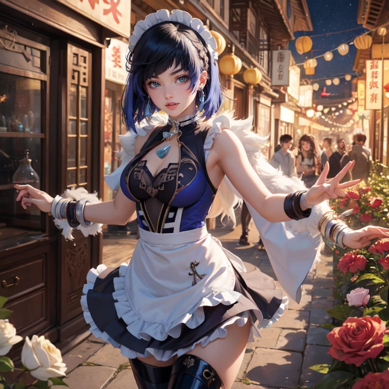 1girl, white roses, ornament hair, white roses on her hair, perfectly body, perfectly hands, navy hair, short hair, wave hair, ornament hair, chinese lanterns, festival with fireworks, garden scenery, Looking at the viewer, flowing hair, Beautiful Eyes, Plump and glossy lips, maid, maid dress, maid headdress, maid apron, white dress with too many frills, navy dress, navy laces, navy Short skirt, Drape clothes, navy gem, frills, temple, luxury details, gold jewelry, more details, best quality, Big sparkling eyes, blushing, navy Striped Lace Stockings, navy ta skirt, sparkle, solo, centered girl, cowboy shot, perfectly body, perfectly hands, two arms, two legs, two hands, five fingers, shrine, chinese temple, perfect anatomy, glowing hair, white roses, maid, maid dress, dress, solo, flowing hair, floating hair, ornament hair, perfectly body, perfectly hands, on the shrine, sparkles, more details on her clothes, white dress with transparency, golden details on her dress, night, temple, Best quality, cleavage, small skirt, full Body, two arms, two legs, two hands, five fingers