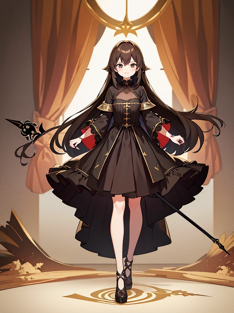 Full-body portrait、Holding a black sword、True Face、woman、、Brown Hair、Long Hair、Mischievous、Brown based dress