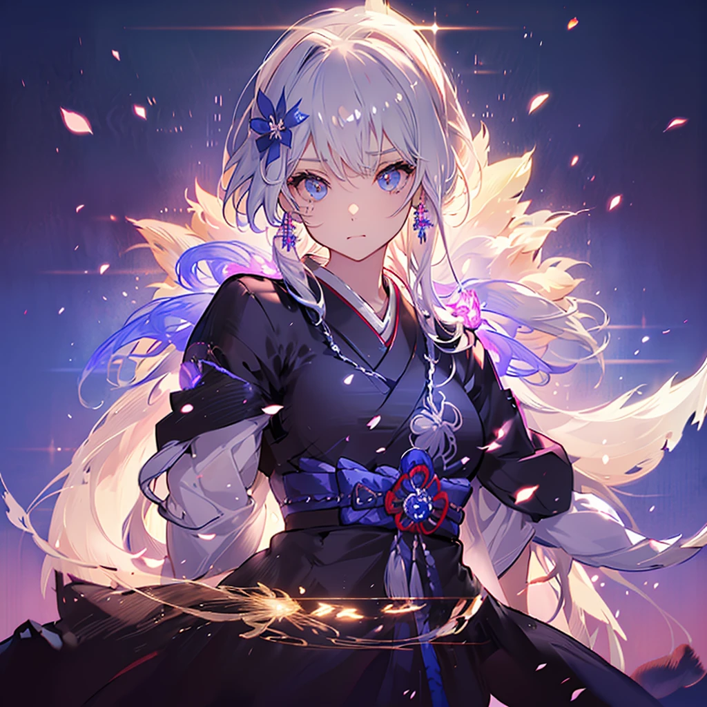 (White heir Shot heir Whole body)
((Japanese SAMURAI Girl))
KATANA
Death Clothes Dress 
Shiny earrings　Bathed in light  
((Dark side Sad and Insanity faice ))
Shadow Aura  Confetti　Particles of light  
(((Big Fullmoon )))
Catch the wind Light