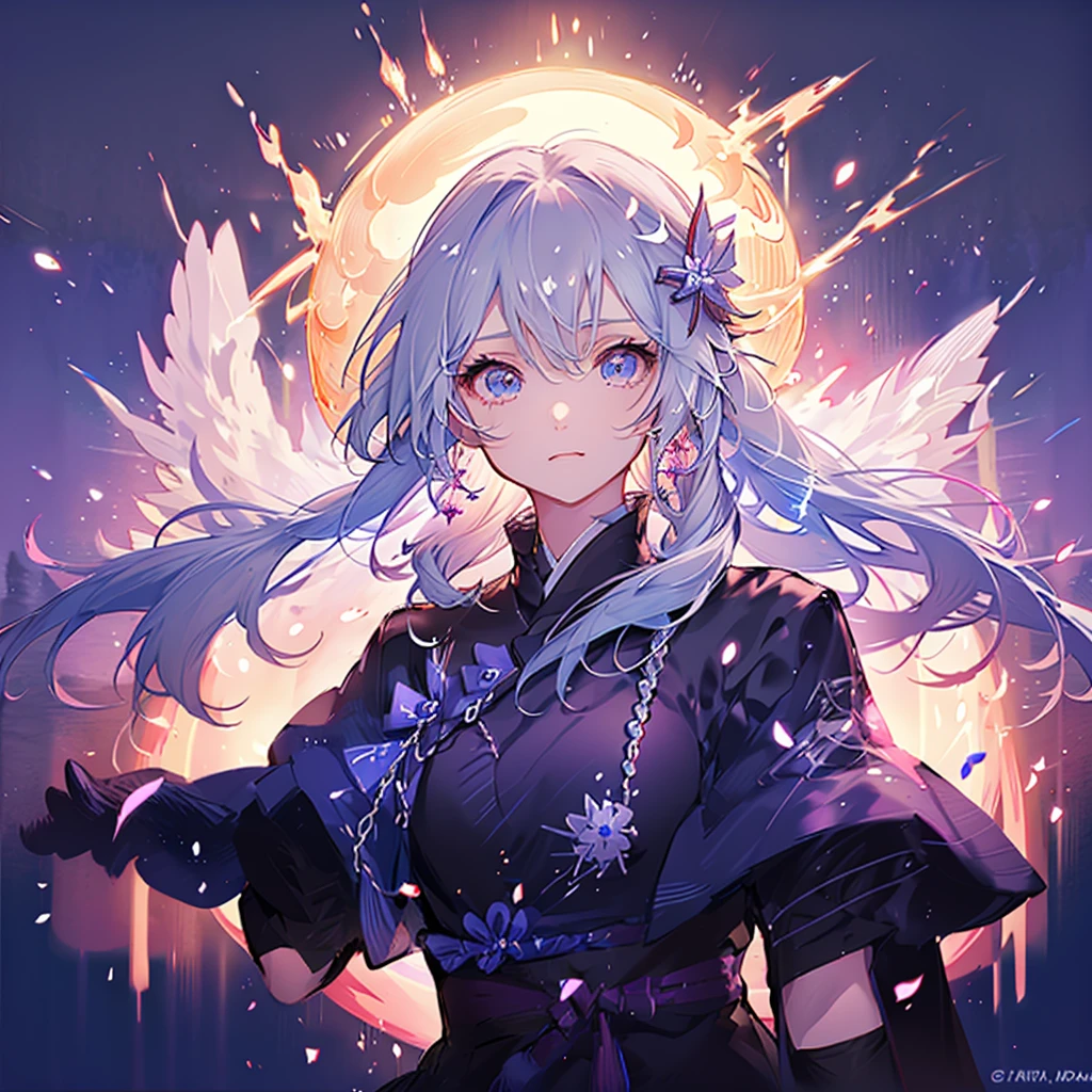 (White heir Shot heir Whole body)
((Japanese SAMURAI Girl))
KATANA
Death Clothes Dress 
Shiny earrings　Bathed in light  
((Dark side Sad and Insanity faice ))
Shadow Aura  Confetti　Particles of light  
(((Big Fullmoon )))
Catch the wind Light