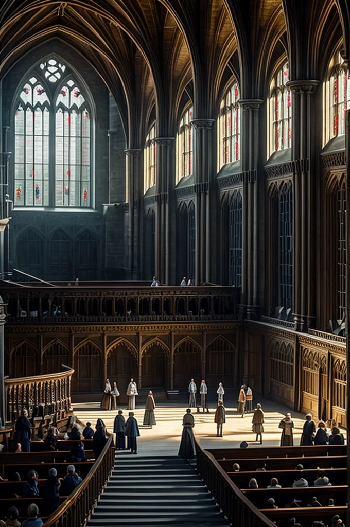 A drawing of two people in the Great Hall at Hogwarts, with wizards' robes, Wands, floating gummies, a bouquet of tulips, a flying racing car, the Narnia bluff in a corner, the Hogwarts crest and a Patronus floating in the air