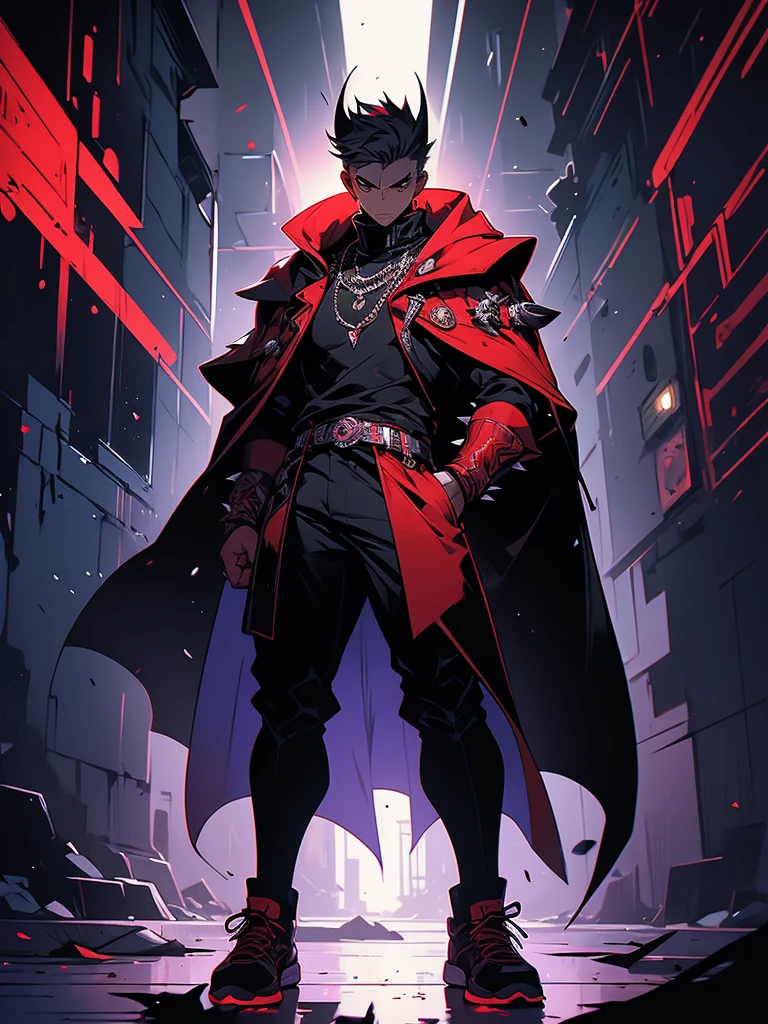 Stylized, animated image featuring a character with spiky, light-colored hair and a muscular build. The character has light skin and is wearing a dark, flowing cloak with purple accents, which is fastened with buttons at the neck. The cloak partially reveals the character's toned abdomen. The character is also wearing dark shorts and white sneakers. In the background, there is a graffiti-style mural with abstract, red and black figures and shapes on a wall. The overall color scheme is vibrant with a mix of dark and neon hues. The image has a dynamic and edgy aesthetic