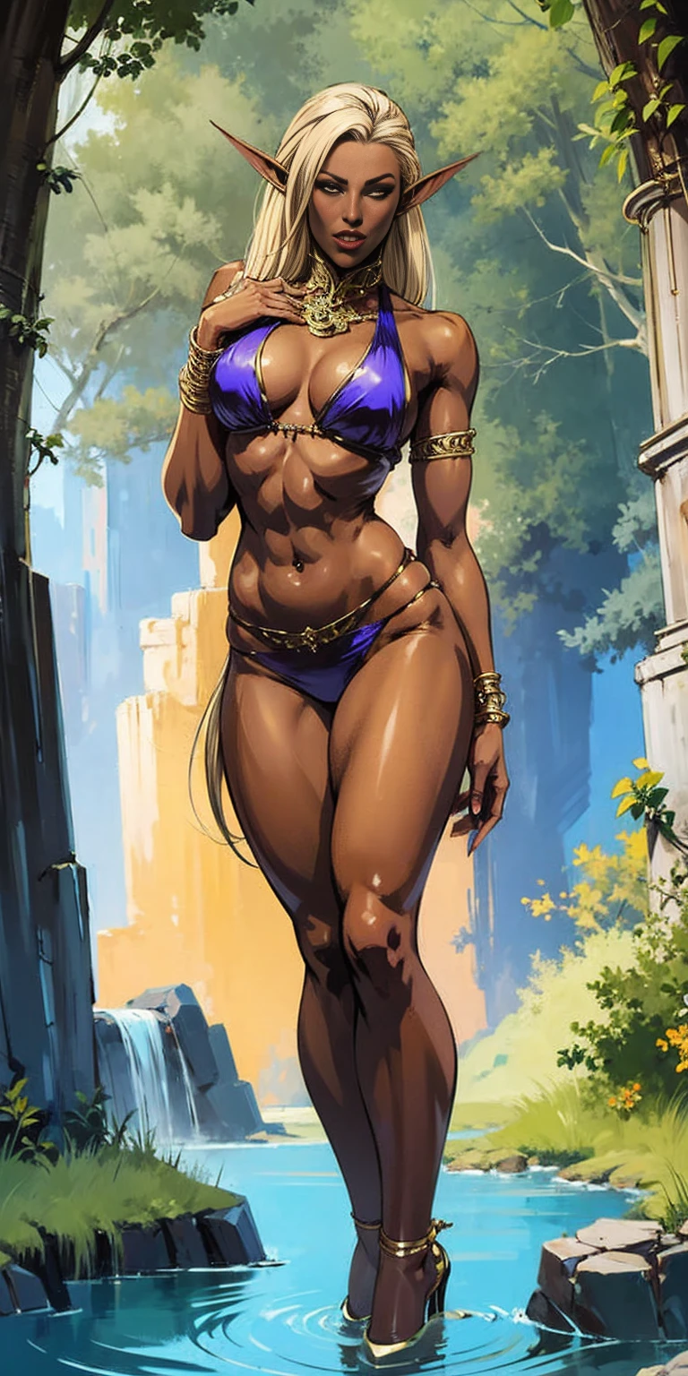 Extremely detailed Artgerm style: This sets the overall artistic style with a high level of detail. Fantasy art: This specifies the genre. Goddess of the green forest: This defines the character's role and gives context to the setting. Woman with long, elf ears: This incorporates the elf features. Black skin: This specifies the character's race. Ornate bikini armor: This combines the skimpy clothing with a fantastical, protective element. Blue high heels standing straight symmetrical: This suggests the color of the bikini and potentially the water body. Long, messy blonde hair: This adds a detail that contrasts the Artgerm style, which is typically more polished for hair.