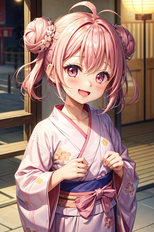 A woman wearing a yukata,hair_pink,Medium Hair,お団子のhair型,hair飾り,巻きhair,pinkの目,pinkの浴衣_Floral,laughing,Mouth wide open,A very happy smile,Happy look,I have apple candy,Summer festival,firework,blush,Small ,,clear,,flat chest