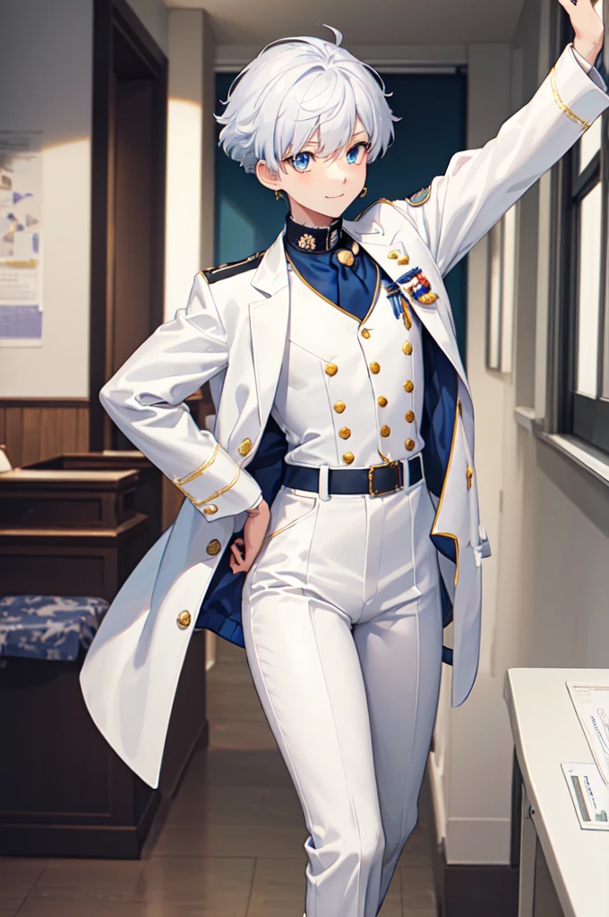 masterpiece, top quality, best quality, official art, beautiful and aesthetic:1.2), (8k, best quality, masterpiece:1.2), (((masterpiece))), (((best quality))), (((extremely detailed))), illustration, who, (masterpiece, top quality, best quality, official art, beautiful and aesthetic:1.2), (8k, best quality, masterpiece:1.2), 1guy, classroom, standing, detailed eyes, blue eyes, white , (((white jacket))), white vest, (((marine jacket with small medals))), necktie, well dressed, anime trap, tomboy, rat tail, (((white dress pants))), white and blue hair, frizzy hair, short hair, smile, full body, classroom, confident, silly, 5’8, tone body