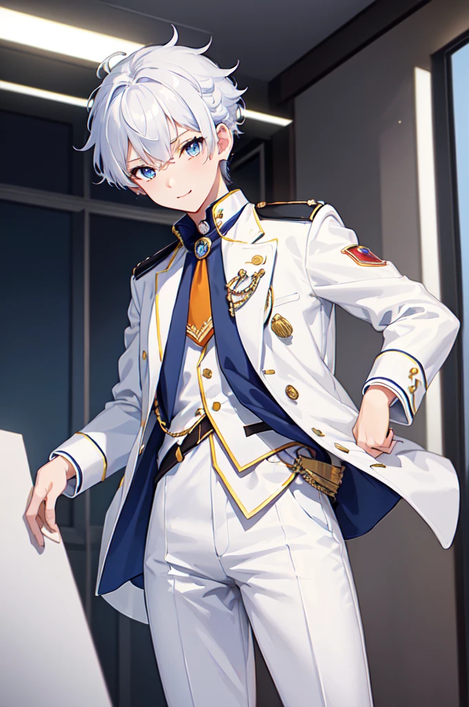 masterpiece, top quality, best quality, official art, beautiful and aesthetic:1.2), (8k, best quality, masterpiece:1.2), (((masterpiece))), (((best quality))), (((extremely detailed))), illustration, who, (masterpiece, top quality, best quality, official art, beautiful and aesthetic:1.2), (8k, best quality, masterpiece:1.2), 1guy, classroom, standing, detailed eyes, blue eyes, white , (((white jacket))), white vest, (((marine jacket with small medals))), necktie, well dressed, anime trap, tomboy, rat tail, (((white dress pants))), white and blue hair, frizzy hair, short hair, smile, full body, classroom, confident, silly, 5’8, tone body