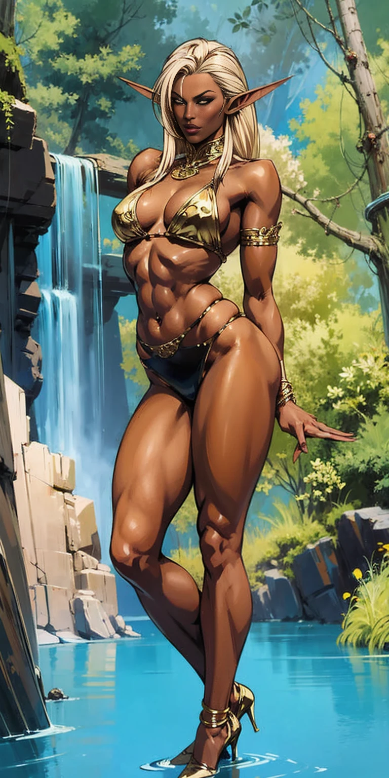 Extremely detailed Artgerm style: This sets the overall artistic style with a high level of detail. Fantasy art: This specifies the genre. Goddess of the green forest: This defines the character's role and gives context to the setting. Woman with long, elf ears: This incorporates the elf features. Black skin: This specifies the character's race. Ornate bikini armor: This combines the skimpy clothing with a fantastical, protective element. Blue high heels standing straight symmetrical: This suggests the color of the bikini and potentially the water body. Long, messy blonde hair: This adds a detail that contrasts the Artgerm style, which is typically more polished for hair.
