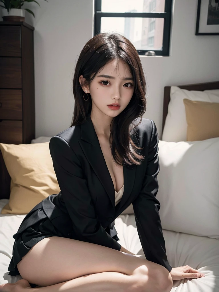 absurdres, RAW photo, extremely delicate and beautiful, masterpiece, Best Quality, ultra high resolution, 32k, hyperrealistic, ultra-detailed, perfect figure, Perfect Style, Perfect balance, in her 20s, very small head, very small face, delicate facial features, tearful mole, earring, very huge breasts, full body shot, bare legs, medium hair, black hair, (business suit), jacket, (blouse), short skirt,