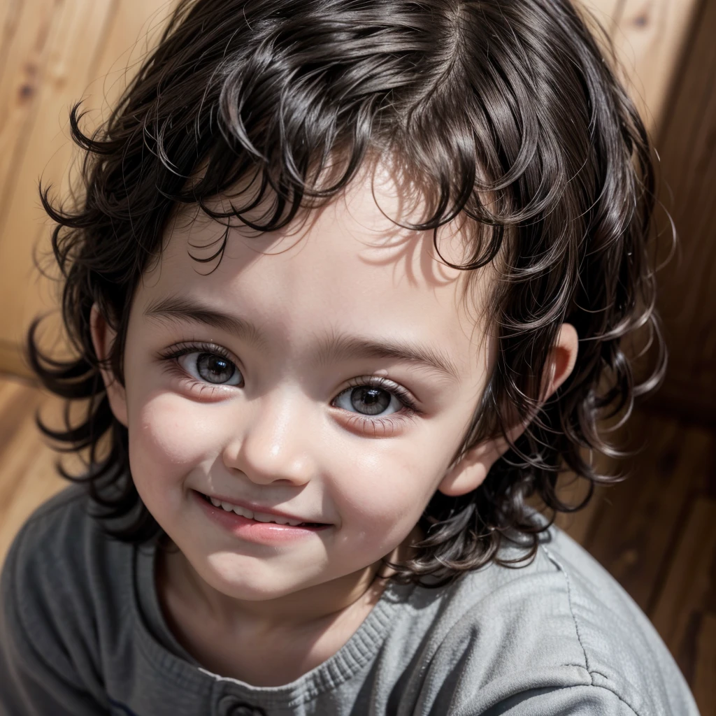 Raise a 2 year old boy, short black curly hair, dark brown eyes, Grinning