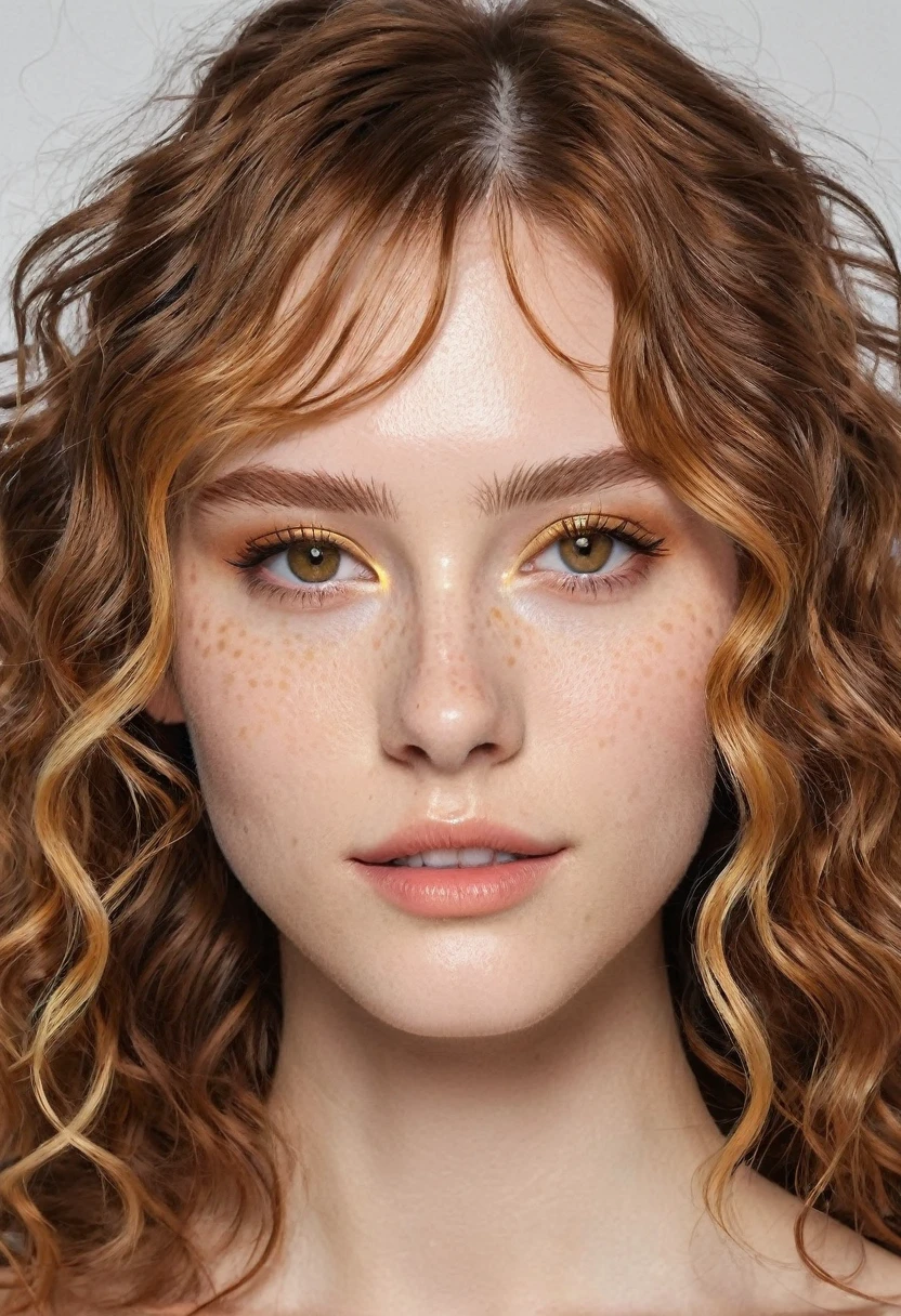 with a thin body, thin waistband 
,russet hair, marked jaw, honey colored eye,  Wavy hair, white unique rave spot