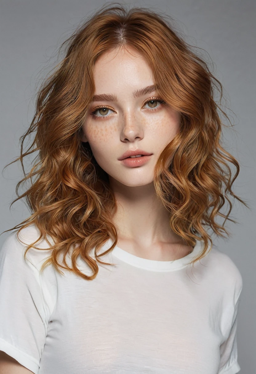 with a thin body, thin waistband
,russet hair, marked jaw, honey colored eye, Wavy hair, white unique rave spot