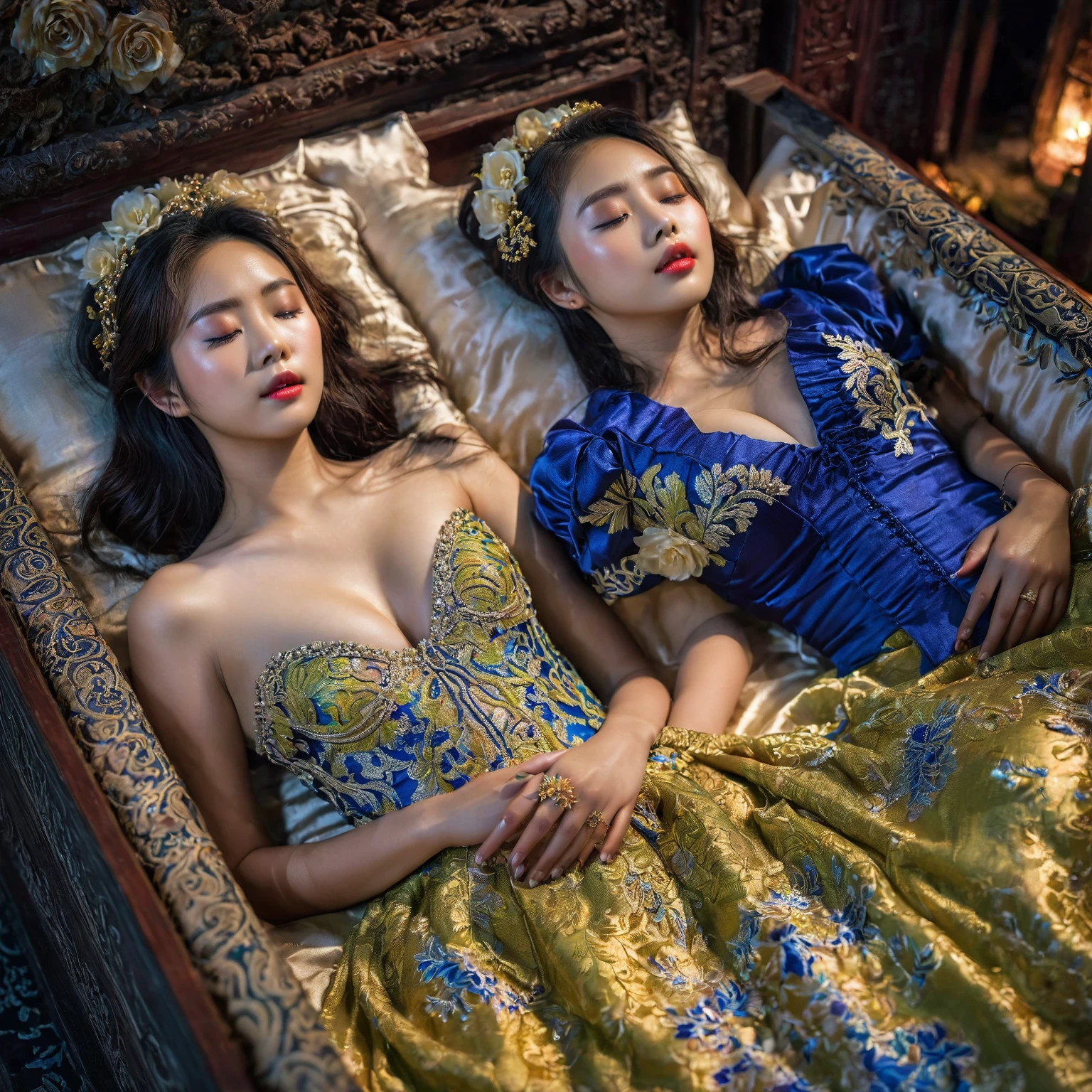 In a striking 8K HDR scene, a stunning Korean woman, 22 years old, lies peacefully in a black coffin surrounded by plush pillows. The deep box is set against a rich black background, accentuating the beauty of the subject. Her exquisite kebaya attire is embroidered with superb detail, showcasing her round and firm breasts, perfect cleavage, and beautiful eyebrows. Her closed eyes and mouth give an air of serenity, while her visible and absolute cleavage leave nothing to imagination. The scene is bathed in saturated colors, highlighting every intricate aspect from the ball skirt to her clean face, straight body, detailed hand perfect hands, straight body, own hands together, own hand on stomach, detailed hands, perfect hands, add detail.