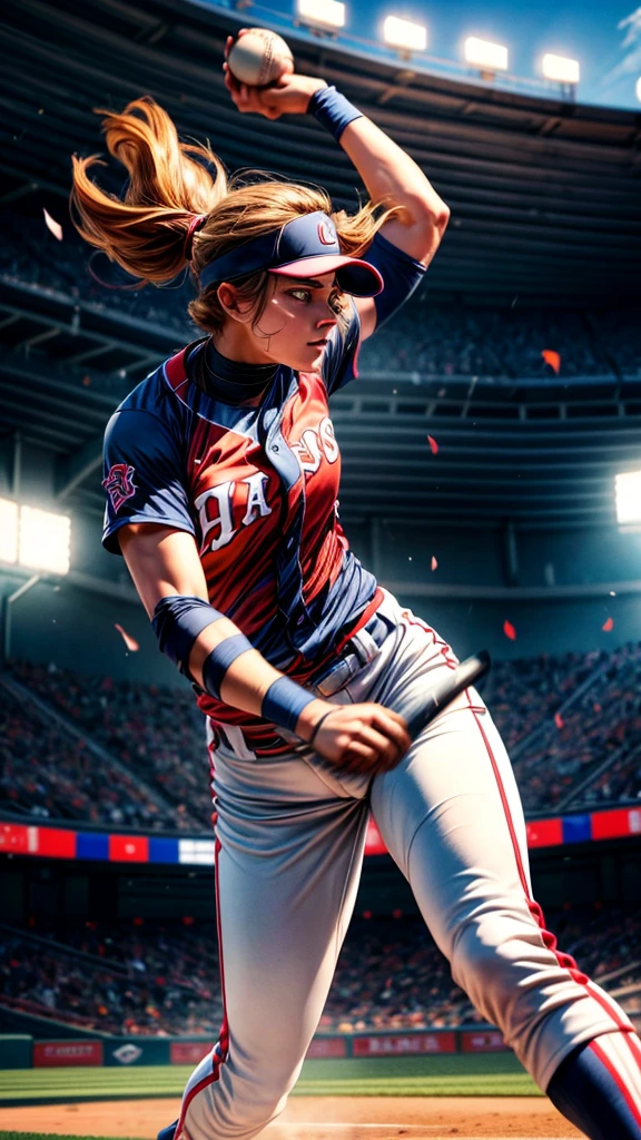 a powerful female baseball pitcher, throwing a blazing fastball, batter's perspective, detailed facial features, dynamic dramatic action, high-speed motion blur, sports stadium background, cinematic lighting, photorealistic, 8k, ultra detailed