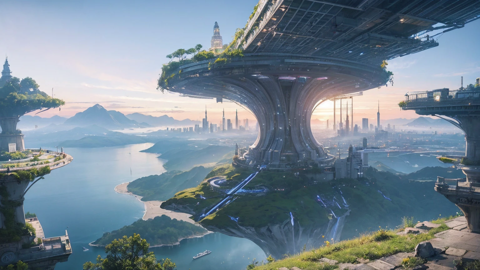(Best quality,4K,8K,A high resolution,Masterpiece:1.2),Ultra-detailed,(Realistic,Photorealistic,photo-realistic:1.37),Futuristic floating city,Futuristic technology,Huge urban high-tech tablet platform,Airship,Floating in the sky,Futuristic city,Small airships around,High-tech hemispherical platform,Colorful lights,Advanced architecture,modernn architecture,skyscrapper,Access the cloud,Scenic beauty,view over city,Impressive design,Blend seamlessly with nature,energetic and vibrant atmosphere,Futuristic transportation system,Parking is suspended,Transparent path,Lush greenery,Sky gardens,cascading waterfalls,Magnificent skyline,reflections on the water,Sparkling river,Architectural innovation,futuristic skyscrapers,Transparent dome,The shape of the building is unusual,Elevated walkway,Impressive skyline,Glowing lights,Futuristic technology,Minimalist design,Scenic spots,Panoramic view,Cloud Piercing Tower,Vibrant colors,epic sunrise,epic sunset,Dazzling light display,magical ambiance,The future city,Urban Utopia,LuxuryLifestyle,Innovative energy,sustainable development,Smart city technology,Advanced infrastructure,Tranquil atmosphere,Nature and technology live in harmony,Awesome cityscape,Unprecedented urban planning,Architecture connects seamlessly with nature,High-tech metropolis,A cutting-edge engineering marvel,The future of urban living,Visionary architectural concept,Energy-efficient buildings,Harmony with the environment,A city floating above the clouds,Utopian dreams become reality,The possibilities are endless,State-of-the-art transportation network,Green energy integration,Innovative materials,Impressive holographic display,Advanced communication system,Breathtaking aerial view,Quiet and peaceful environment,Modernist aesthetics,Ethereal beauty
