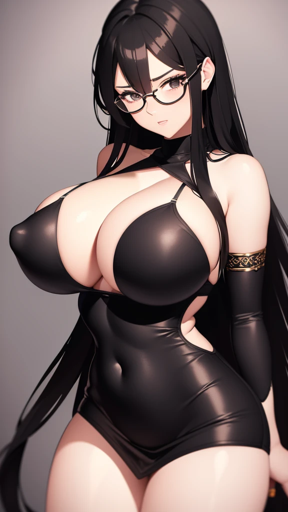 Beautiful Girl, black eyes, long hair, black hair, extremely huge breasts, slim waist, round glasses, extremely gigantic breasts, extremely hard breasts!!!, perfect face, sexy outfit, masterpiece, high quality, high detail, good anatomy but very very VERY EXTREMELY HUGE BREASTS!!!