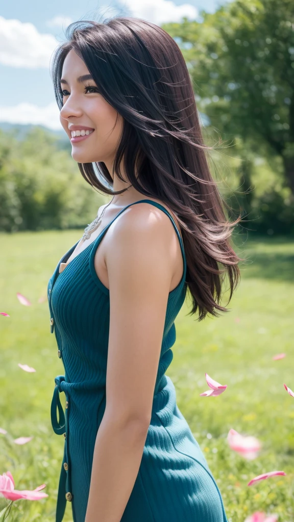 masterpiece, Realistic, hyperRealistic, Highest quality, Rinoa, Long Hair, Black Hair, Arm warmers, Sleeveless coat, Black Shirt, Blue Skirt, Arm Ribbon, Upper Body, From the side, (smile), Wind, RAW Photos, delicate, (Intricate details:1.3), Hyper Detail, In detail, colorful, Dark Shadows, One girl, alone, 8K Ultra HD, Film Grain, (photoRealistic:1.3), (Detailed skin:1.2), Beautiful attention to detail, Skin Texture, Light of the sun, grassland, Flowers, (Petals in the sky, Falling petals,)