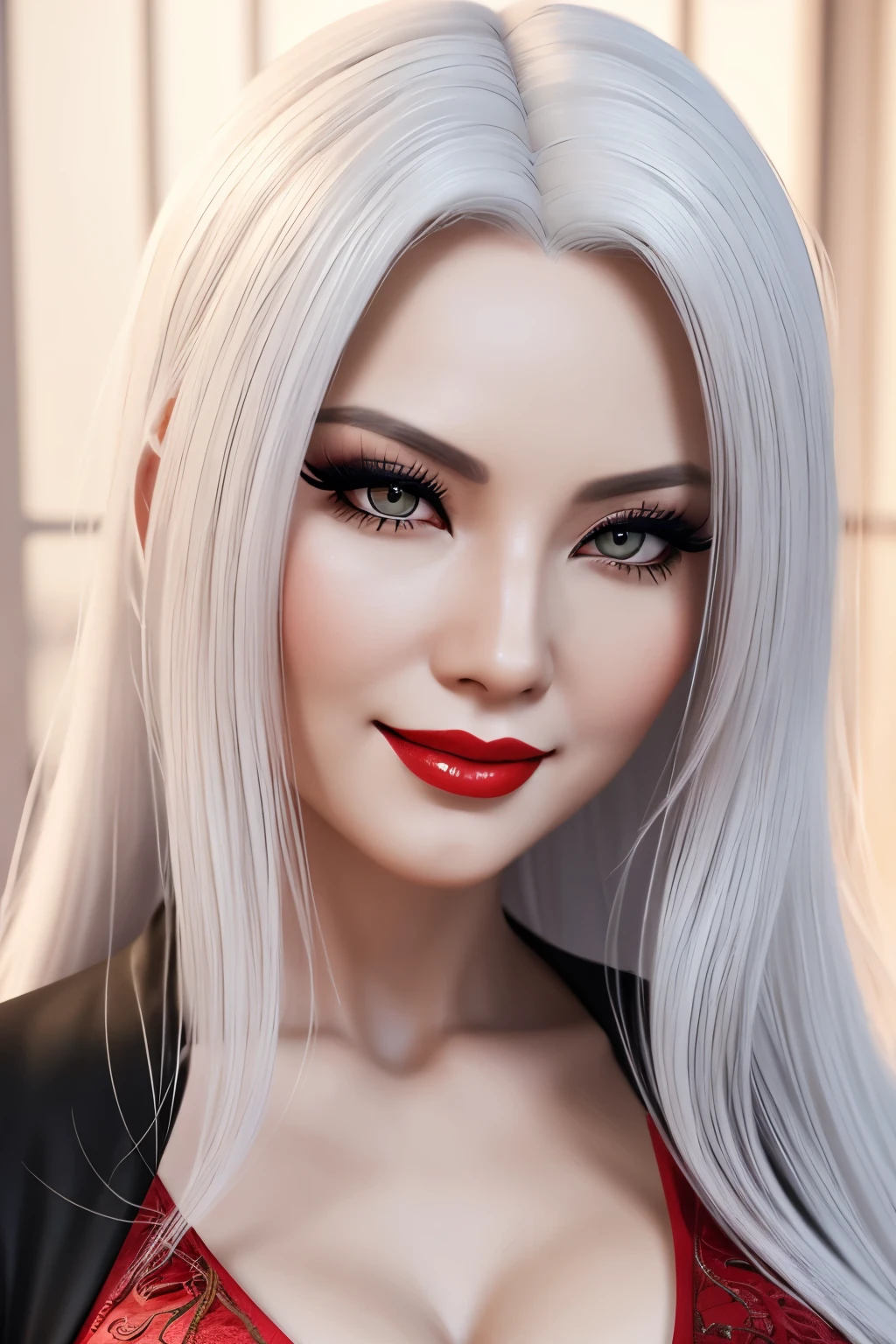 1girl, solo, mature lady, milf, beautiful character design, cg unreal engine, hd, 4k, full shading, perfect shading, professional art, extremely detail character design, a girl with long white hair wearing black chinese dress, happy, smirk, red eyes color, makeup, red lipstick, closeup, white hair, big breast