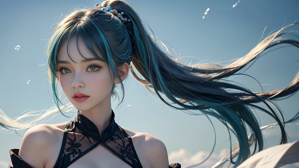 (masterpiece), (Highest quality), (Very detailed), (Disheveled Hair), (shape), (One Girl), (Fashionable clothes), Are standing, Fashion Model, Beholder, (interview), (Simple Background), Beautiful and beautiful eyes, Delicate and beautiful face, floating, (High chroma), (Colorful Splash), Colorful bubbles, (Shine), Focus on the face, ponytail, Light blue hair, bangs, Hair Ring, floating Flowers, floating Hairs, (The Shining), Best lighting, Best Shadow, Big, firm, swaying breasts