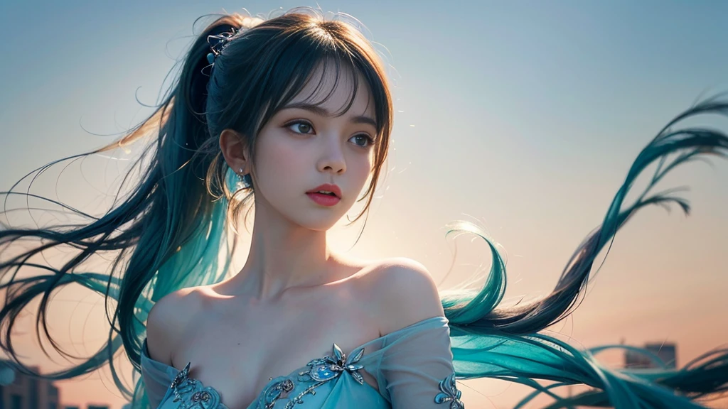(masterpiece), (Highest quality), (Very detailed), (Disheveled Hair), (shape), (One Girl), (Fashionable clothes), Are standing, Fashion Model, Beholder, (interview), (Simple Background), Beautiful and beautiful eyes, Delicate and beautiful face, floating, (High chroma), (Colorful Splash), Colorful bubbles, (Shine), Focus on the face, ponytail, Light blue hair, bangs, Hair Ring, floating Flowers, floating Hairs, (The Shining), Best lighting, Best Shadow, Big, firm, swaying breasts