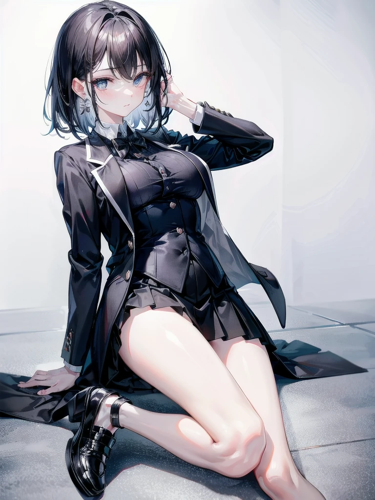 absurdres, RAW photo, extremely delicate and beautiful, masterpiece, Best Quality, ultra high resolution, 32k, hyperrealistic, ultra-detailed, perfect figure, Perfect Style, Perfect balance, in her 20s, very small head, very small face, delicate facial features, tearful mole, earring, very huge breasts, full body shot, bare legs, medium hair, black hair, business suit, jacket, blouse, short skirt,
