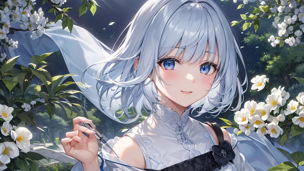 Ultra HD,Look at the viewers, Put your hands behind your back, With a girl, 20-year-old, 非常にShort Hair, Long bangs between the eyes, Pale blue eyes, Very detailed,(masterpiece、Highest quality),Gray Hair、Laughter、Fantastic, Silver Hair, Iris, Short hair、 Fluttering Hair、Small Face、明るいsmile、(Detailed face) ,Professional Lighting,Wonderful landscape,blue sky, sunlight,Looking down from above,Portraiture、Open your mouth、Flower Field、Her eyes were shining、Mysterious and enchanting atmosphere。With AI Painting、とてもShort Hair, Long bangs between the eyes, Very detailed,(masterpiece、Highest quality)、alone、Gray Hair、Fantasy, Silver Hair, Fantasyな風景、smile、Open your mouth、short hair、Short Hair、hairpin、black eye、Grey Eyes、Beautiful Eyes、Black Shirt、White hoodie
