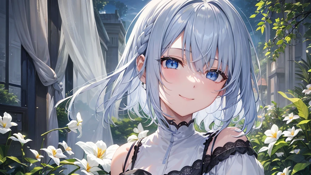Ultra HD,Look at the viewers, Put your hands behind your back, With a girl, 20-year-old, 非常にShort Hair, Long bangs between the eyes, Pale blue eyes, Very detailed,(masterpiece、Highest quality),Gray Hair、Laughter、Fantastic, Silver Hair, Iris, Short hair、 Fluttering Hair、Small Face、明るいsmile、(Detailed face) ,Professional Lighting,Wonderful landscape,blue sky, sunlight,Looking down from above,Portraiture、Open your mouth、Flower Field、Her eyes were shining、Mysterious and enchanting atmosphere。With AI Painting、とてもShort Hair, Long bangs between the eyes, Very detailed,(masterpiece、Highest quality)、alone、Gray Hair、Fantasy, Silver Hair, Fantasyな風景、smile、Open your mouth、short hair、Short Hair、hairpin、black eye、Grey Eyes、Beautiful Eyes、Black Shirt、White hoodie