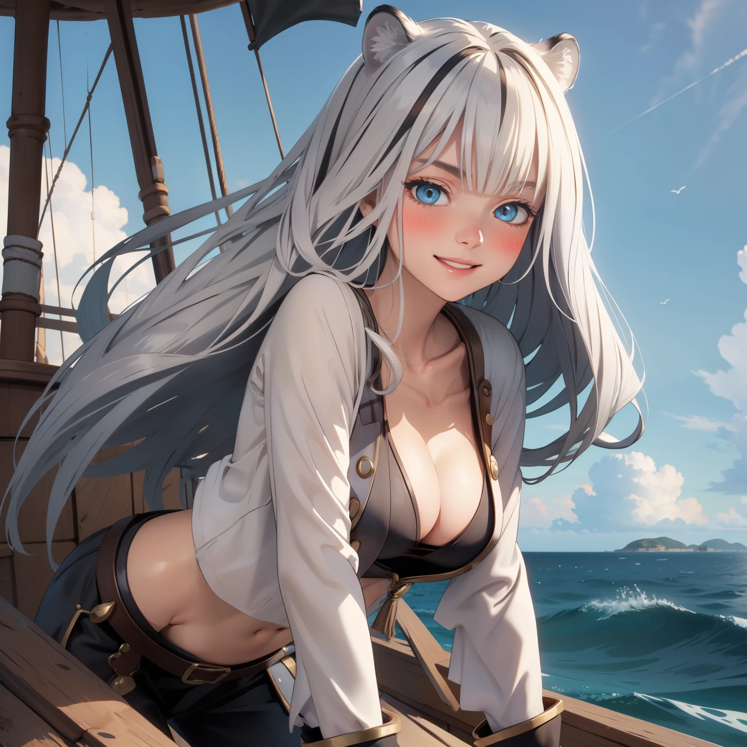 Atlas Fayon woman 25 years old, white hair with black stripes, blue eyes like sapphires, white tiger ears, SMILE, blush, big breasts. dressed as a pirate, pirate captain clothing, neckline, background a pirate ship in the middle of the ocean. floating hair, mature face. neckline,