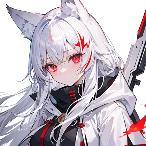 Silver hair, long hair, red eyes, cute face, white hood , G_CUP(HUGE_BREASTS) , White fox ears, nine white fox tails, There is a white fox mask on the top right of the head