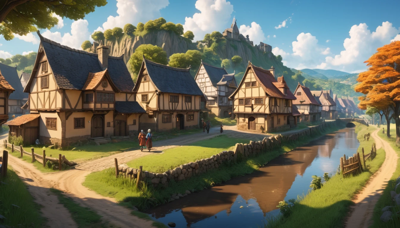 (anime, fantasy, village), (detailed CG unity 8k wallpaper, masterpiece, best quality, ultra-detailed, HDR:1.2), vibrant colors, intricate, high FXAA, medieval village, cluster of houses, oak house, narrow dirt road, people walking, small trees, river, wide angle shot, warm mood, cinematic composition, dynamic lighting