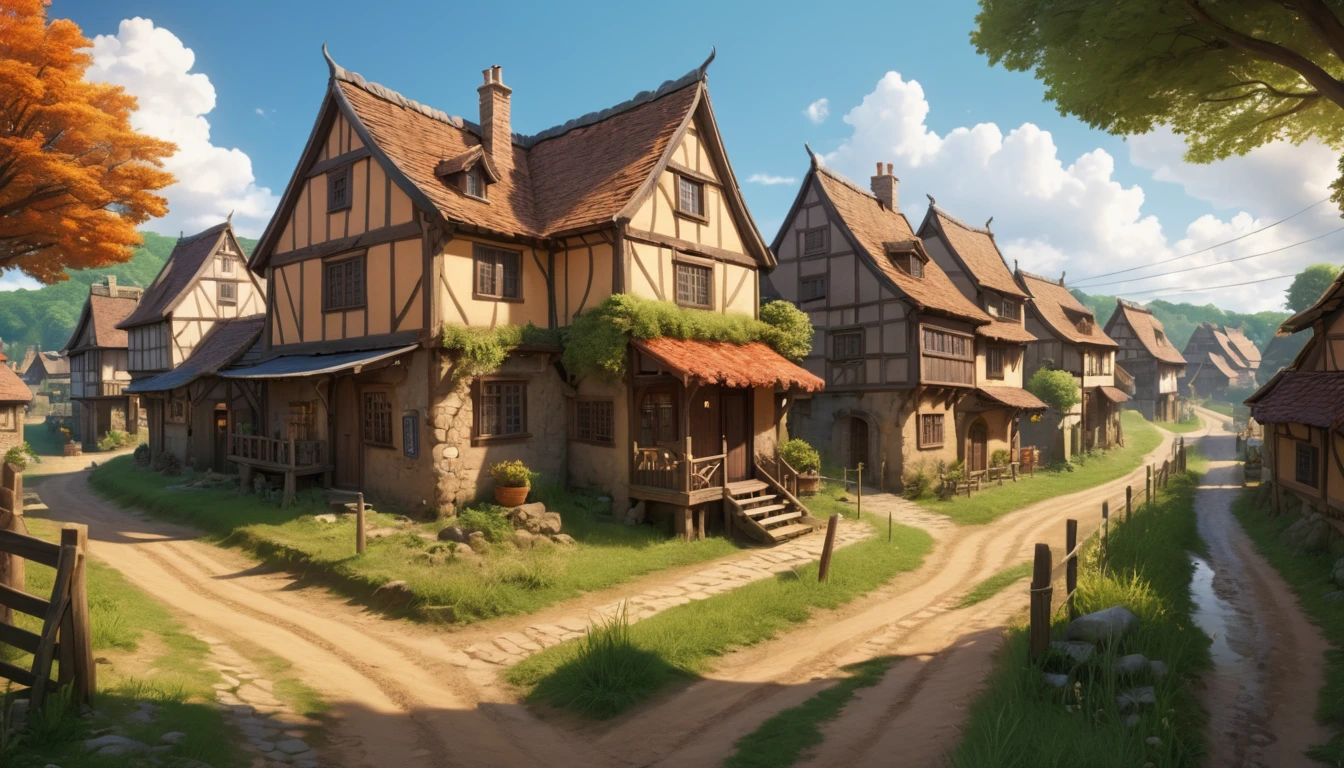 (anime, fantasy, village), (detailed CG unity 8k wallpaper, masterpiece, best quality, ultra-detailed, HDR:1.2), vibrant colors, intricate, high FXAA, medieval village, cluster of houses, oak house, narrow dirt road, people walking, small trees, river, wide angle shot, warm mood, cinematic composition, dynamic lighting