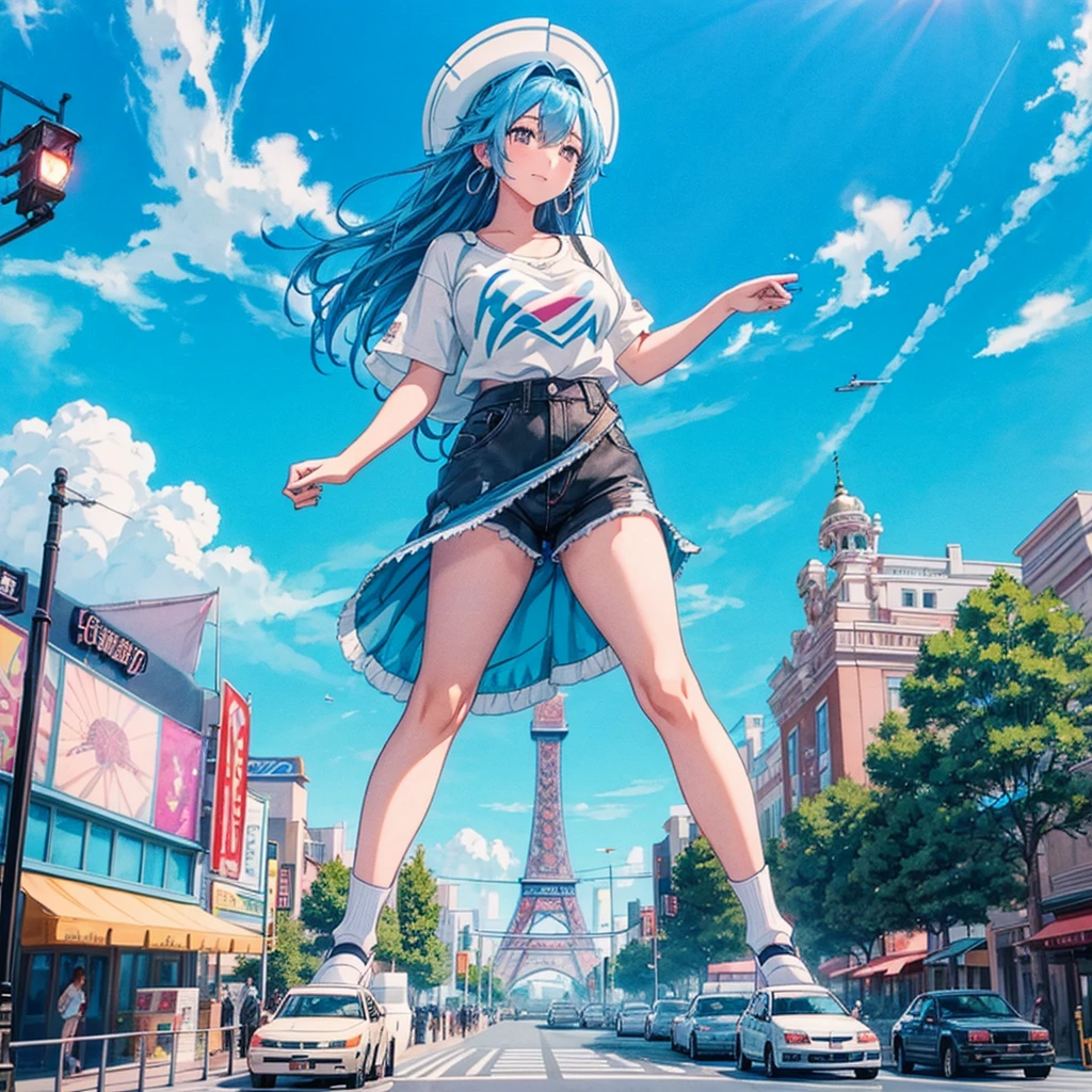 masterpiece Unreal Engine Anime Style Delicate painting 4K 90's giant crowd amusement park to amusement parkに立っている巨大な女の子 Ferris wheel ジェッtoコースター crowd スカーto Big Breasts White T-shirt Summer clothes Short sleeve Private Server sneakers White socks watch Black Hair smile blue sky cumulonimbus Contrail female giant giant girl Whole body Destroyed skyscrapers Destroyed cars Crowd Unreal Engine,cleavage ,a drawing of a , earrings, long hair, 1980s (style) Cute picture Beauty Analog style whole body sneakers