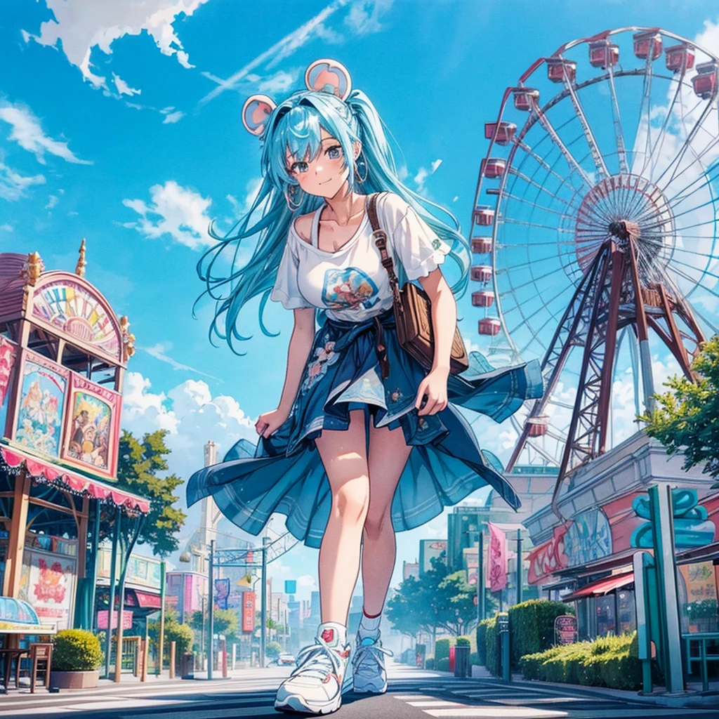 masterpiece Unreal Engine Anime Style Delicate painting 4K 90's giant crowd amusement park to amusement parkに立っている巨大な女の子 Ferris wheel ジェッtoコースター crowd スカーto Big Breasts White T-shirt Summer clothes Short sleeve Private Server sneakers White socks watch Black Hair smile blue sky cumulonimbus Contrail female giant giant girl Whole body Destroyed skyscrapers Destroyed cars Crowd Unreal Engine,cleavage ,a drawing of a , earrings, long hair, 1980s (style) Cute picture Beauty Analog style whole body sneakers