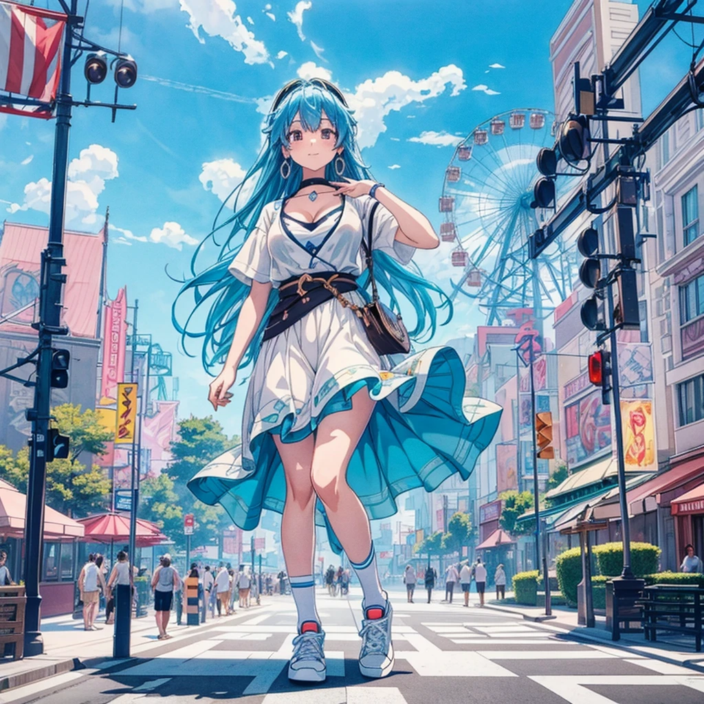 masterpiece　　Unreal Engine　Anime Style　Delicate painting　4K　90's　giant　crowd　 　amusement park　to　amusement parkに立っている巨大な女の子　Ferris wheel　ジェッtoコースター　　crowd　スカーto　Big Breasts　White T-shirt　Summer clothes　Short sleeve　Private Server　sneakers　White socks　watch　Black Hair　　smile　blue sky　cumulonimbus　Contrail　female giant giant girl Whole body 　 Destroyed skyscrapers Destroyed cars Crowd Unreal Engine,cleavage ,a drawing of a , earrings, long hair, 1980s (style) Cute picture　Beauty　Analog style　whole body　sneakers　