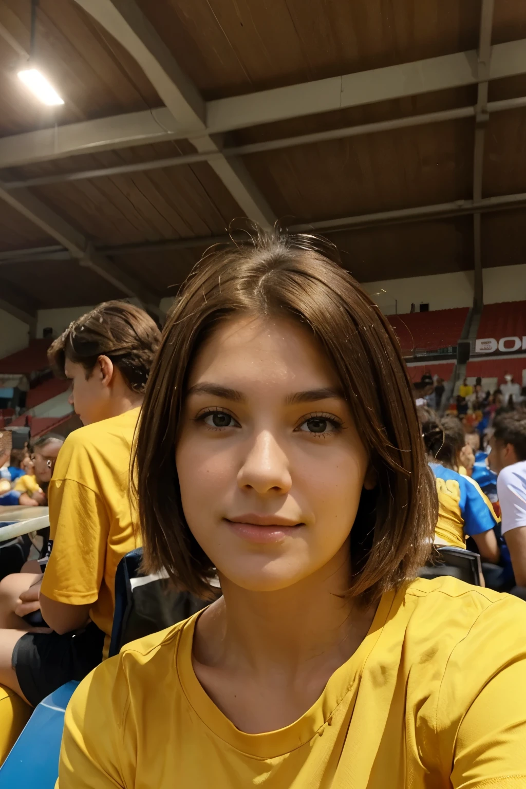 Woman with short, straight light brown hair. He is on his back watching a soccer game and is wearing a yellow t-shirt with Sofía's name and the number 10 written on it..