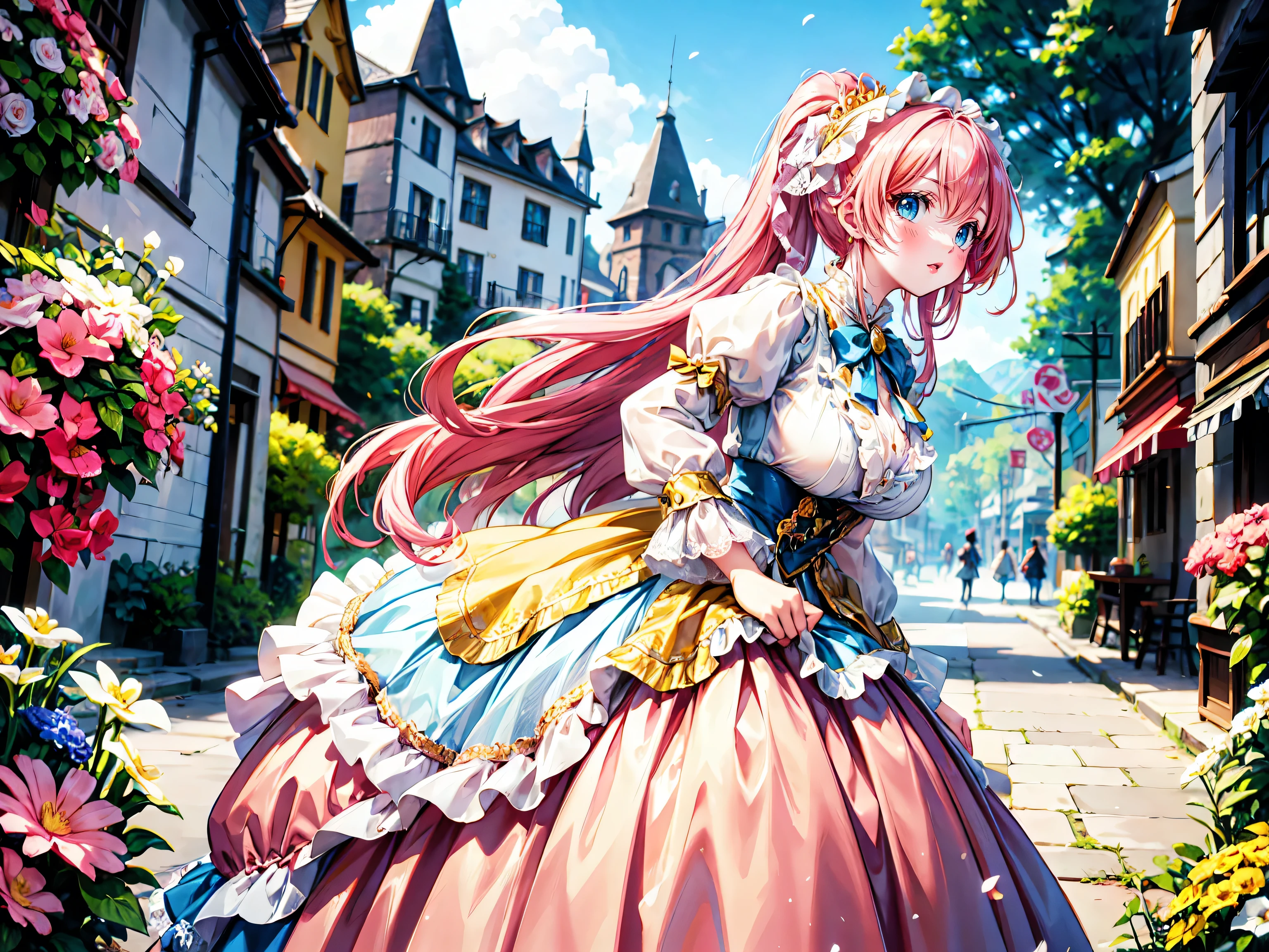 anime moe art style, ((Masterpiece, ultra detailed, exquisite quality)), (((young face solo princess))), (dress light yellow dress), (((ultra elaborate gorgeous rococo victorian gown with voluminous hoopskirt and long hems and lot of frills and pleats dense lace and cute ribbon, princess style skirt, ultra lovely gown))), (((hair pink hair))), ((fluffy long ponytail)), (Expressive very voluminous hair), ((huge breasts)), breasts cleavage, (((leaning forward, looking up, from above, front view))), super delicate face, kawaii face, (hyper detail delicate eyes, hyper beautiful eyes), (eyes blue eyes), (((So lot's of colorful flowers))), ((face focus, eyes focus, blurry background:1.5)), (isometric 3D:1.3), particle effect,